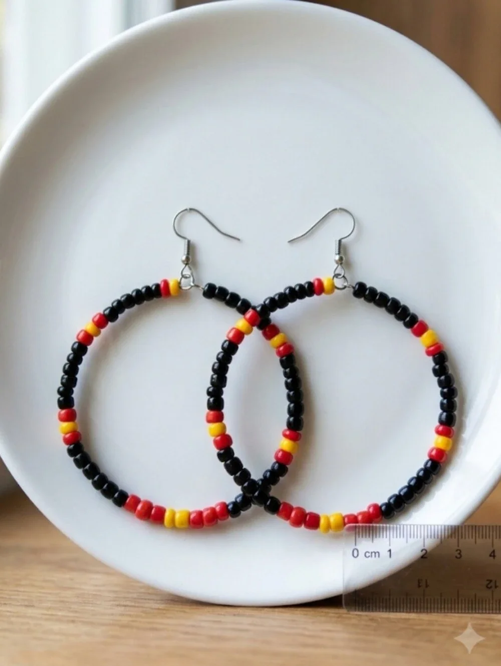 Bold Multi-Bead Hoop Earrings — Black, Red & Yellow